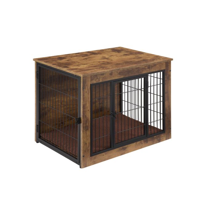 Dog Crate Furniture with Cushion, Wooden Dog Kennel Furniture, Heavy Duty Dog Cage, 27" Dog Kennel with Double Doors, Dog Crates for Small/Medium Dogs, Rustic Brown, S