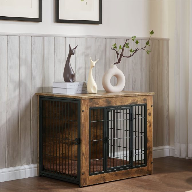 Dog Crate Furniture with Cushion, Wooden Dog Kennel Furniture, Heavy Duty Dog Cage, 27" Dog Kennel with Double Doors, Dog Crates for Small/Medium Dogs, Rustic Brown, S - Image 9
