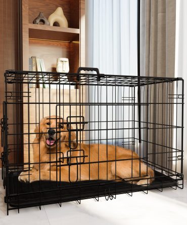 Dog Crate, 48 Inch Large Dog Cage with Divider and Plastic Leak-Proof Pan Tray, Double Door Folding Metal Wire Cage for Indoor, Outdoor, and Travel, Made in Vietnam