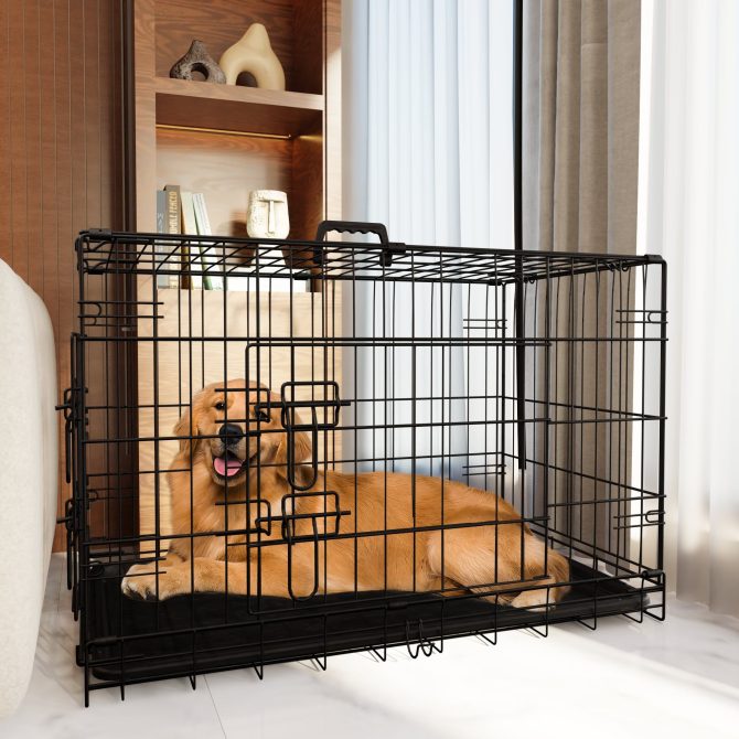 Dog Crate, 48 Inch Large Dog Cage with Divider and Plastic Leak-Proof Pan Tray, Double Door Folding Metal Wire Cage for Indoor, Outdoor, and Travel, Made in Vietnam