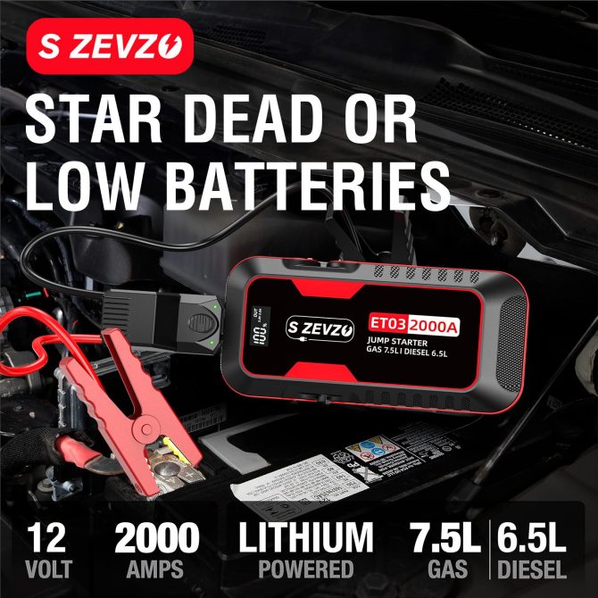 S ZEVZO Car Jump Starter 2000A Jump Starter Battery Pack for Up to 7.5L Gas and 6.5L Diesel Engines, 59.2Wh Portable 12V Jump Box with USB Ports, LCD Display, Storage Case, and LED Light - Image 2
