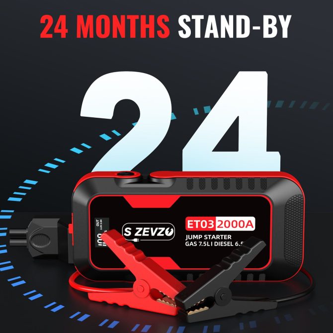 S ZEVZO Car Jump Starter 2000A Jump Starter Battery Pack for Up to 7.5L Gas and 6.5L Diesel Engines, 59.2Wh Portable 12V Jump Box with USB Ports, LCD Display, Storage Case, and LED Light - Image 11