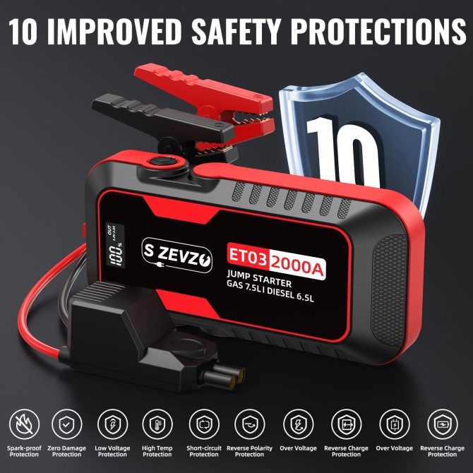 S ZEVZO Car Jump Starter 2000A Jump Starter Battery Pack for Up to 7.5L Gas and 6.5L Diesel Engines, 59.2Wh Portable 12V Jump Box with USB Ports, LCD Display, Storage Case, and LED Light - Image 14