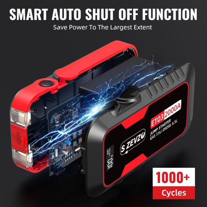 S ZEVZO Car Jump Starter 2000A Jump Starter Battery Pack for Up to 7.5L Gas and 6.5L Diesel Engines, 59.2Wh Portable 12V Jump Box with USB Ports, LCD Display, Storage Case, and LED Light - Image 15