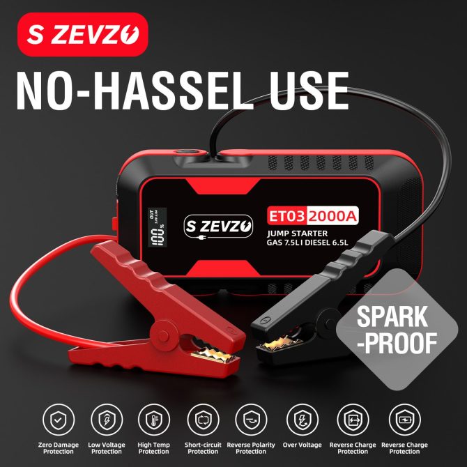 S ZEVZO Car Jump Starter 2000A Jump Starter Battery Pack for Up to 7.5L Gas and 6.5L Diesel Engines, 59.2Wh Portable 12V Jump Box with USB Ports, LCD Display, Storage Case, and LED Light - Image 3