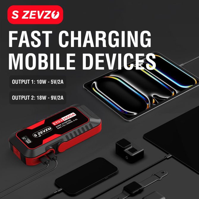 S ZEVZO Car Jump Starter 2000A Jump Starter Battery Pack for Up to 7.5L Gas and 6.5L Diesel Engines, 59.2Wh Portable 12V Jump Box with USB Ports, LCD Display, Storage Case, and LED Light - Image 4