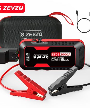 S ZEVZO Car Jump Starter 2000A Jump Starter Battery Pack for Up to 7.5L Gas and 6.5L Diesel Engines, 59.2Wh Portable 12V Jump Box with USB Ports, LCD Display, Storage Case, and LED Light