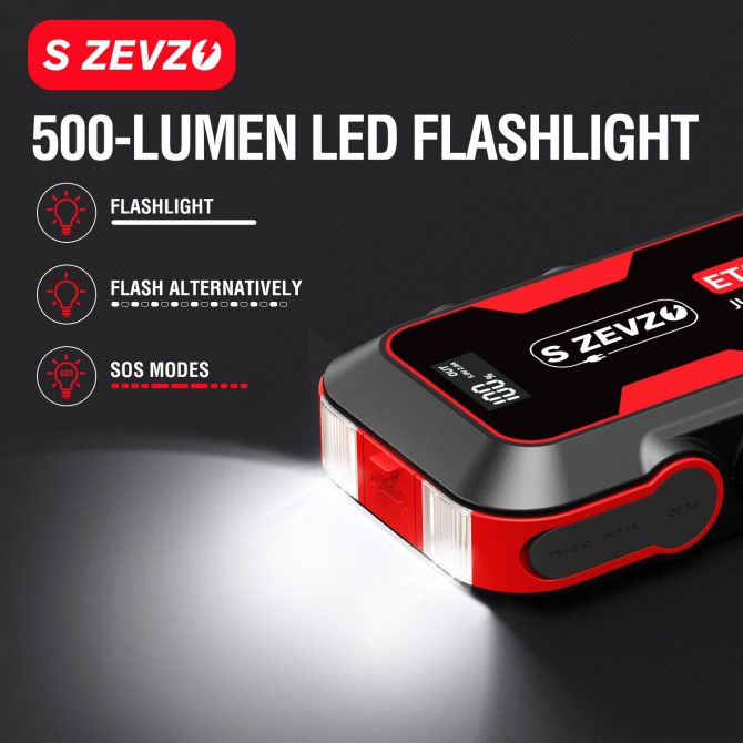 S ZEVZO Car Jump Starter 2000A Jump Starter Battery Pack for Up to 7.5L Gas and 6.5L Diesel Engines, 59.2Wh Portable 12V Jump Box with USB Ports, LCD Display, Storage Case, and LED Light - Image 5