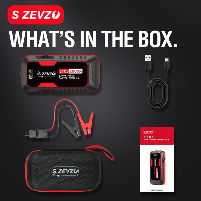 S ZEVZO Car Jump Starter 2000A Jump Starter Battery Pack for Up to 7.5L Gas and 6.5L Diesel Engines, 59.2Wh Portable 12V Jump Box with USB Ports, LCD Display, Storage Case, and LED Light - Image 6