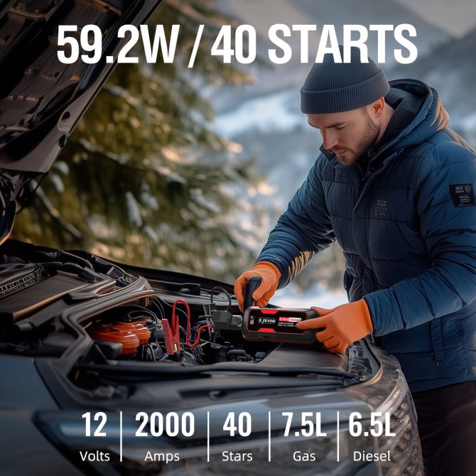 S ZEVZO Car Jump Starter 2000A Jump Starter Battery Pack for Up to 7.5L Gas and 6.5L Diesel Engines, 59.2Wh Portable 12V Jump Box with USB Ports, LCD Display, Storage Case, and LED Light - Image 7