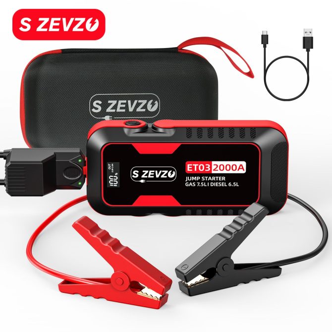 S ZEVZO Car Jump Starter 2000A Jump Starter Battery Pack for Up to 7.5L Gas and 6.5L Diesel Engines, 59.2Wh Portable 12V Jump Box with USB Ports, LCD Display, Storage Case, and LED Light