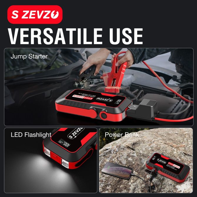 S ZEVZO Car Jump Starter 2000A Jump Starter Battery Pack for Up to 7.5L Gas and 6.5L Diesel Engines, 59.2Wh Portable 12V Jump Box with USB Ports, LCD Display, Storage Case, and LED Light - Image 8