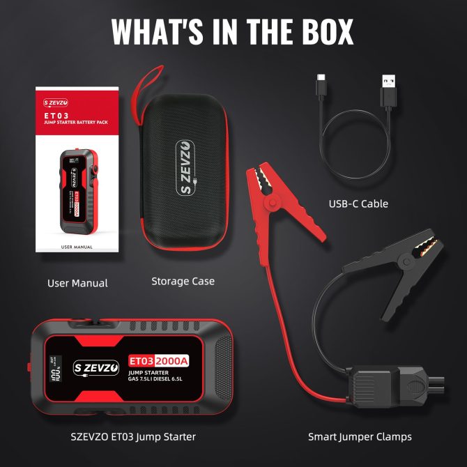 S ZEVZO Car Jump Starter 2000A Jump Starter Battery Pack for Up to 7.5L Gas and 6.5L Diesel Engines, 59.2Wh Portable 12V Jump Box with USB Ports, LCD Display, Storage Case, and LED Light - Image 9