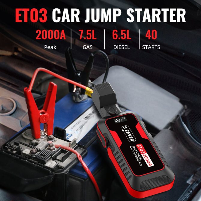 S ZEVZO Car Jump Starter 2000A Jump Starter Battery Pack for Up to 7.5L Gas and 6.5L Diesel Engines, 59.2Wh Portable 12V Jump Box with USB Ports, LCD Display, Storage Case, and LED Light - Image 10