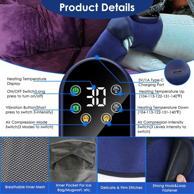 Cordless Knee Massager Heated Knee Brace Wrap Electric Knee Heating Pad with 5-Level Heating 3-Level Vibration 3-Mode & 3-Level Air Compression - Image 5