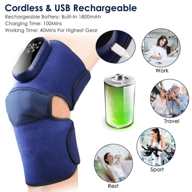 Cordless Knee Massager Heated Knee Brace Wrap Electric Knee Heating Pad with 5-Level Heating 3-Level Vibration 3-Mode & 3-Level Air Compression - Image 6