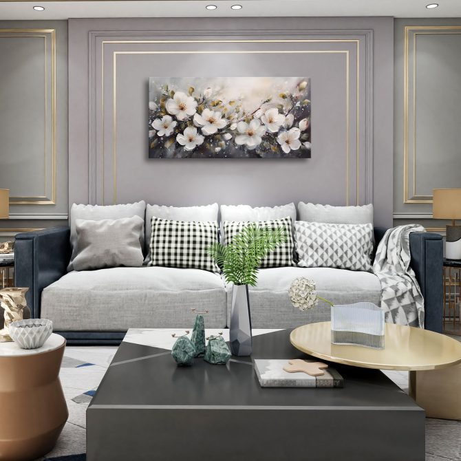Large Flower Painting Wall Art for Living Room White Flower Picture Wall Decor for Bedroom Gold Leaf Floral Wall Art Prints Framed Artwork for Bathroom Office Home Decor Ready to Hang 20"x40" - Image 2