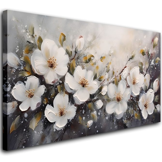 Large Flower Painting Wall Art for Living Room White Flower Picture Wall Decor for Bedroom Gold Leaf Floral Wall Art Prints Framed Artwork for Bathroom Office Home Decor Ready to Hang 20"x40"