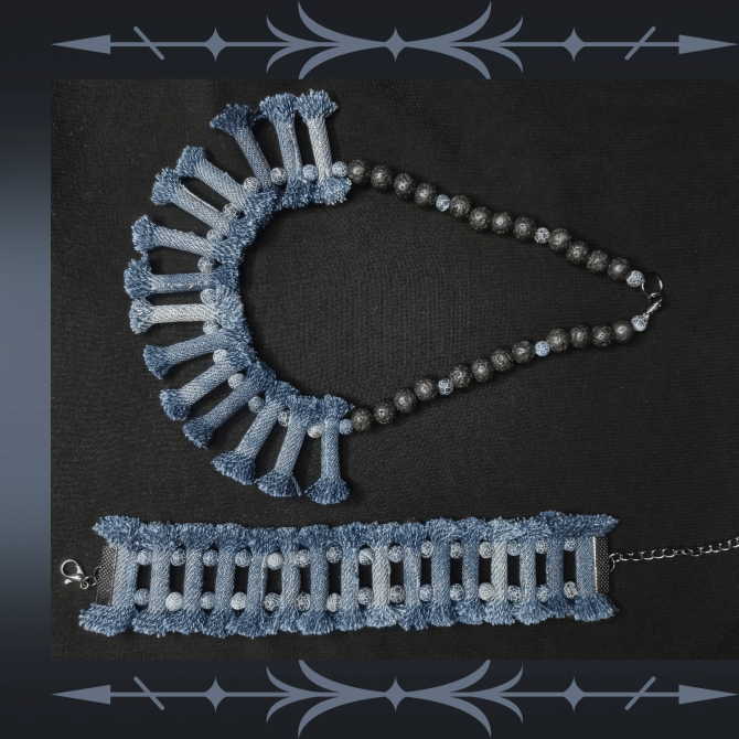 Denim Necklace with Denim tribal Bracelet, Boho Tribal Denim Necklace and bracelet set, 2 Piece jewelry Set, tribal denim lava stone jewelry set - Image 5