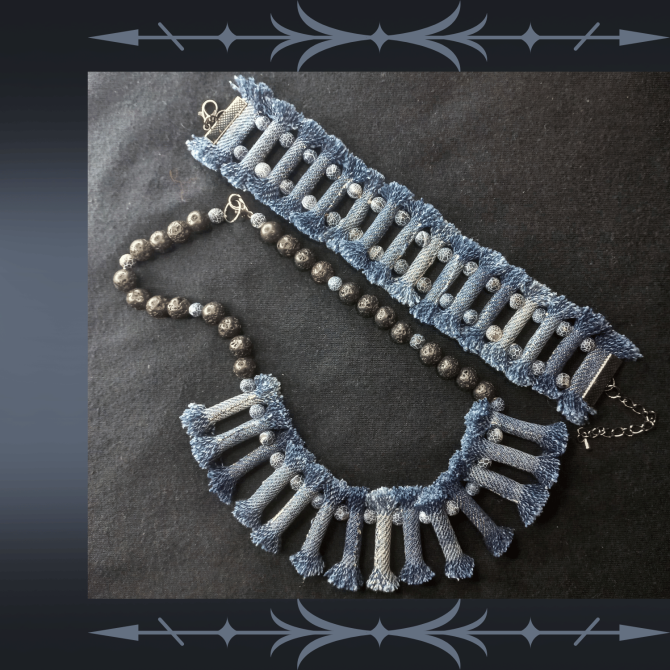 Denim Necklace with Denim tribal Bracelet, Boho Tribal Denim Necklace and bracelet set, 2 Piece jewelry Set, tribal denim lava stone jewelry set - Image 6
