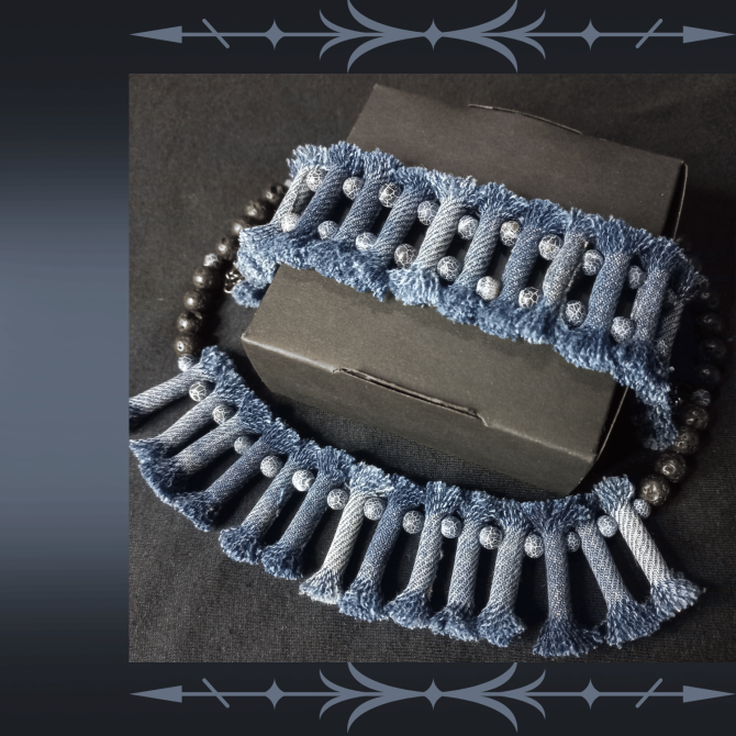 Denim Necklace with Denim tribal Bracelet, Boho Tribal Denim Necklace and bracelet set, 2 Piece jewelry Set, tribal denim lava stone jewelry set