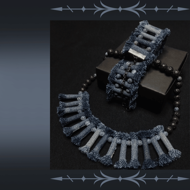 Denim Necklace with Denim tribal Bracelet, Boho Tribal Denim Necklace and bracelet set, 2 Piece jewelry Set, tribal denim lava stone jewelry set - Image 8