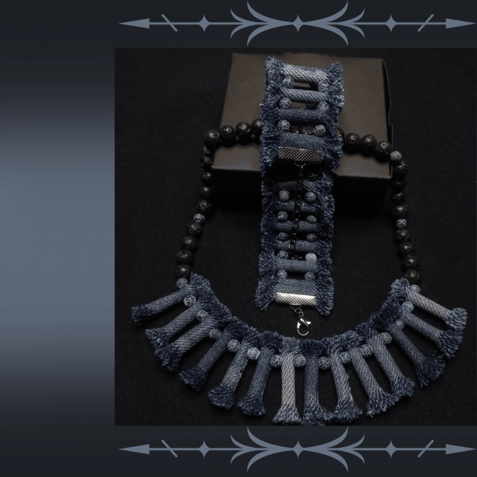 Denim Necklace with Denim tribal Bracelet, Boho Tribal Denim Necklace and bracelet set, 2 Piece jewelry Set, tribal denim lava stone jewelry set - Image 10
