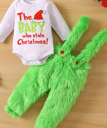 Adorable Baby Christmas Outfit - Funny Graphic Crew Neck Long Sleeve Romper + Green Fuzzy Suspender Pants Clothes Set