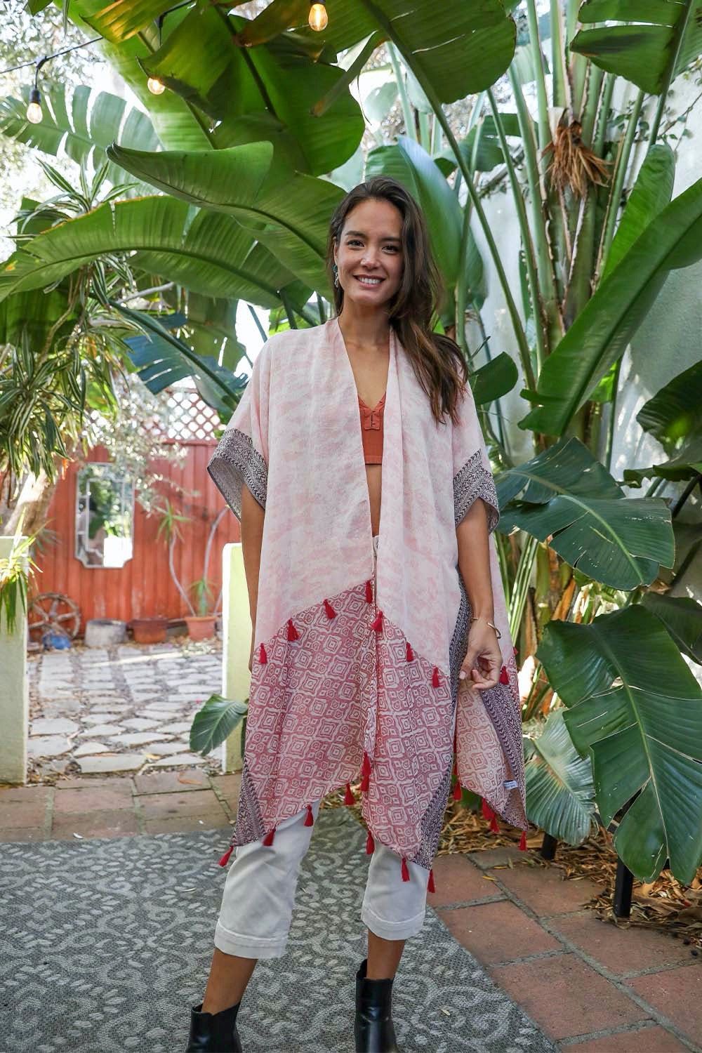 Tropical Leaves Draped Sleeve Kimono - Image 3