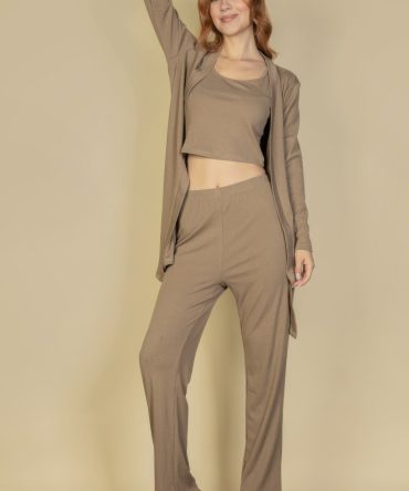 Flat Back Rib 3 Pieces Cami Top With Pants And Long Cardigan Set