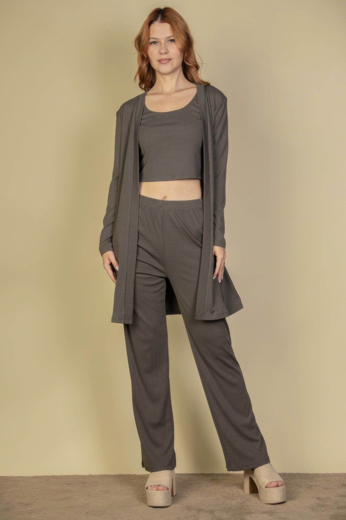Flat Back Rib 3 Pieces Cami Top With Pants And Long Cardigan Set - Image 12
