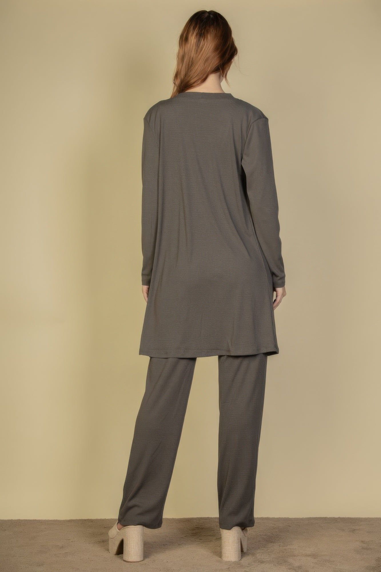 Flat Back Rib 3 Pieces Cami Top With Pants And Long Cardigan Set - Image 13