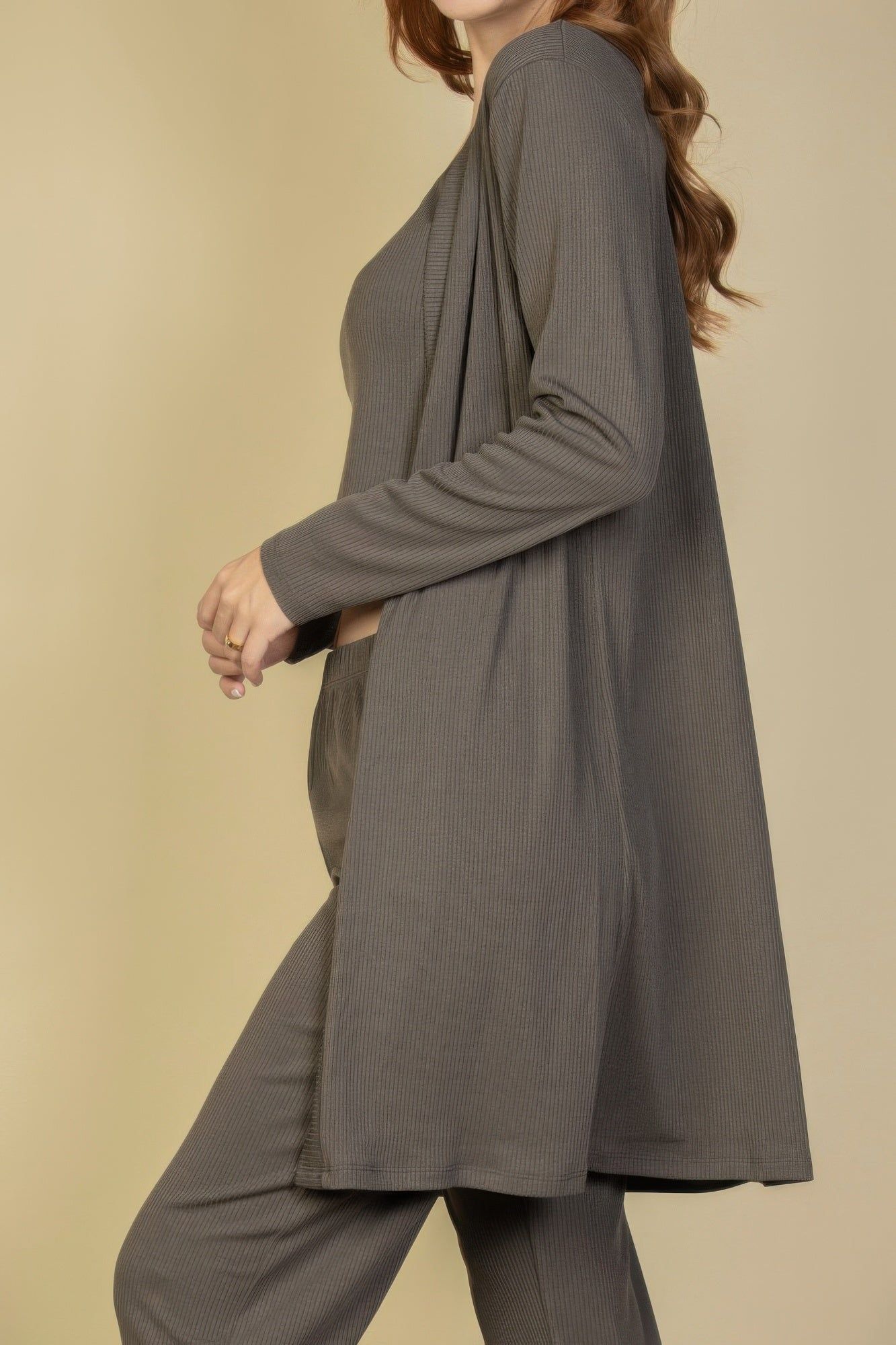 Flat Back Rib 3 Pieces Cami Top With Pants And Long Cardigan Set - Image 14