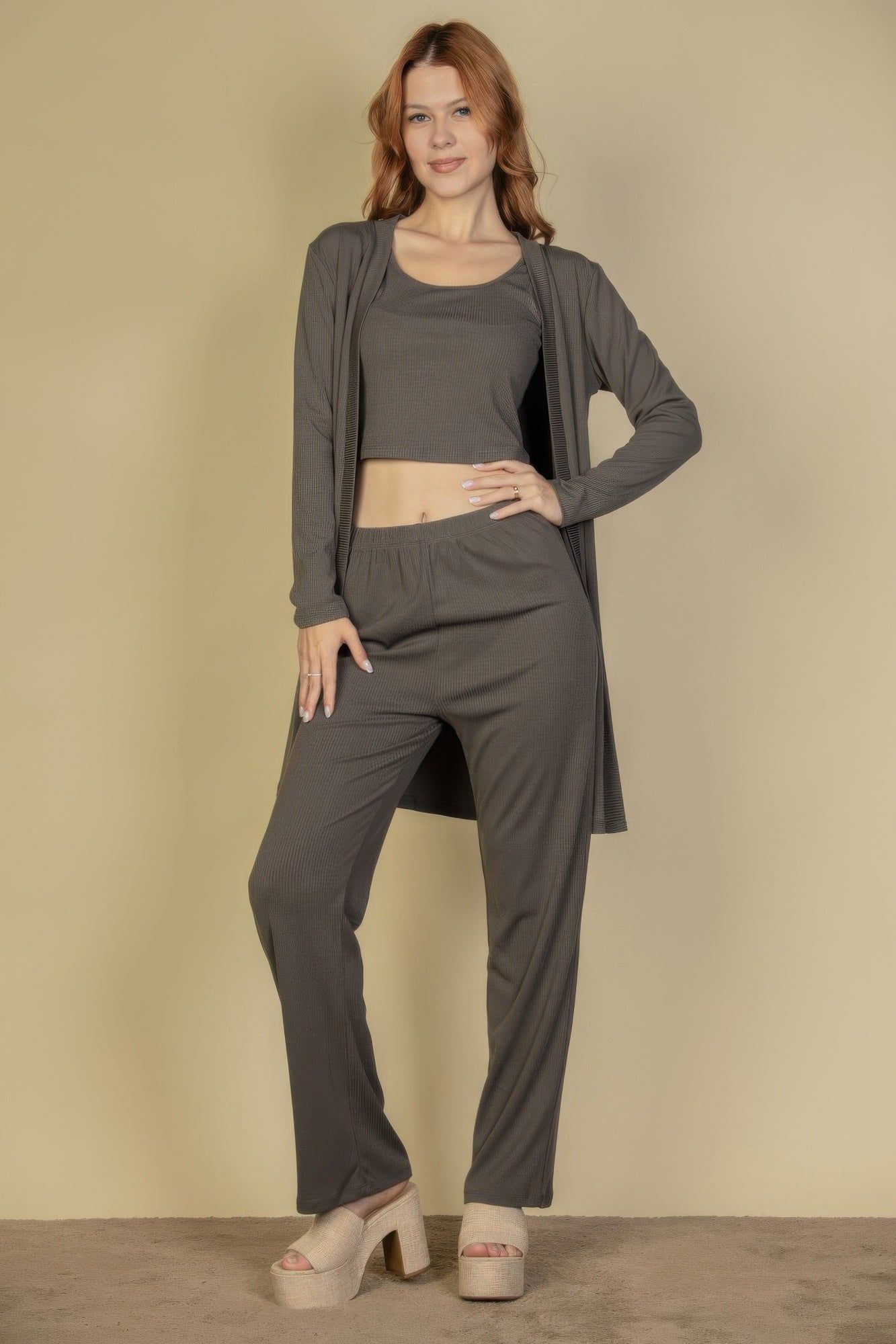 Flat Back Rib 3 Pieces Cami Top With Pants And Long Cardigan Set - Image 15