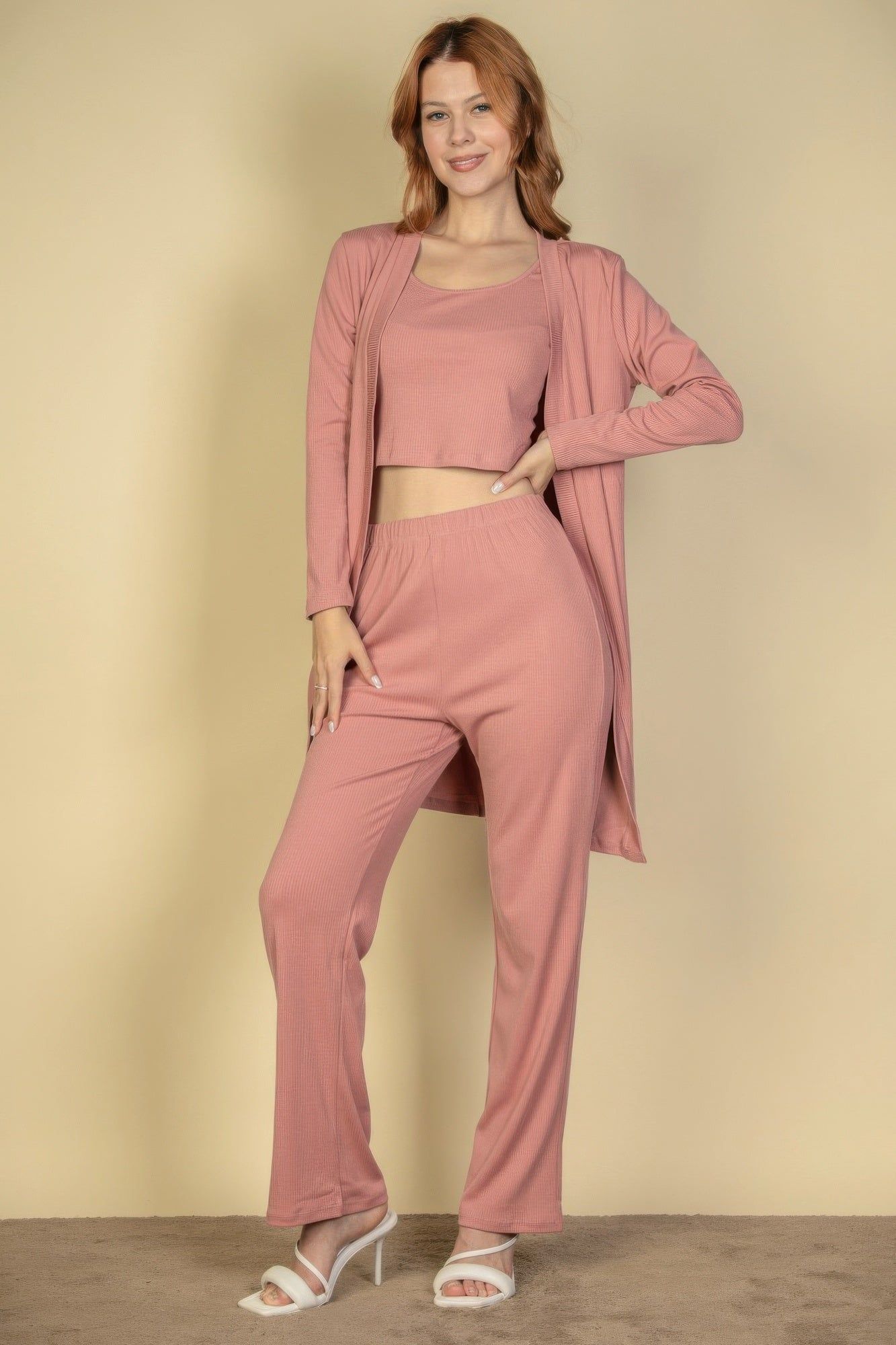 Flat Back Rib 3 Pieces Cami Top With Pants And Long Cardigan Set - Image 18