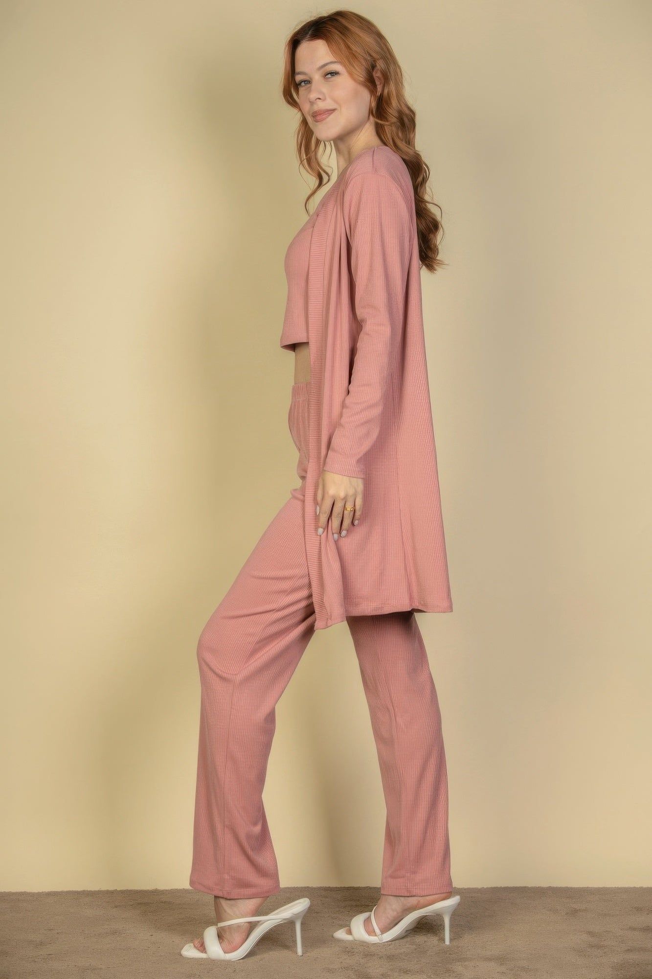 Flat Back Rib 3 Pieces Cami Top With Pants And Long Cardigan Set - Image 20