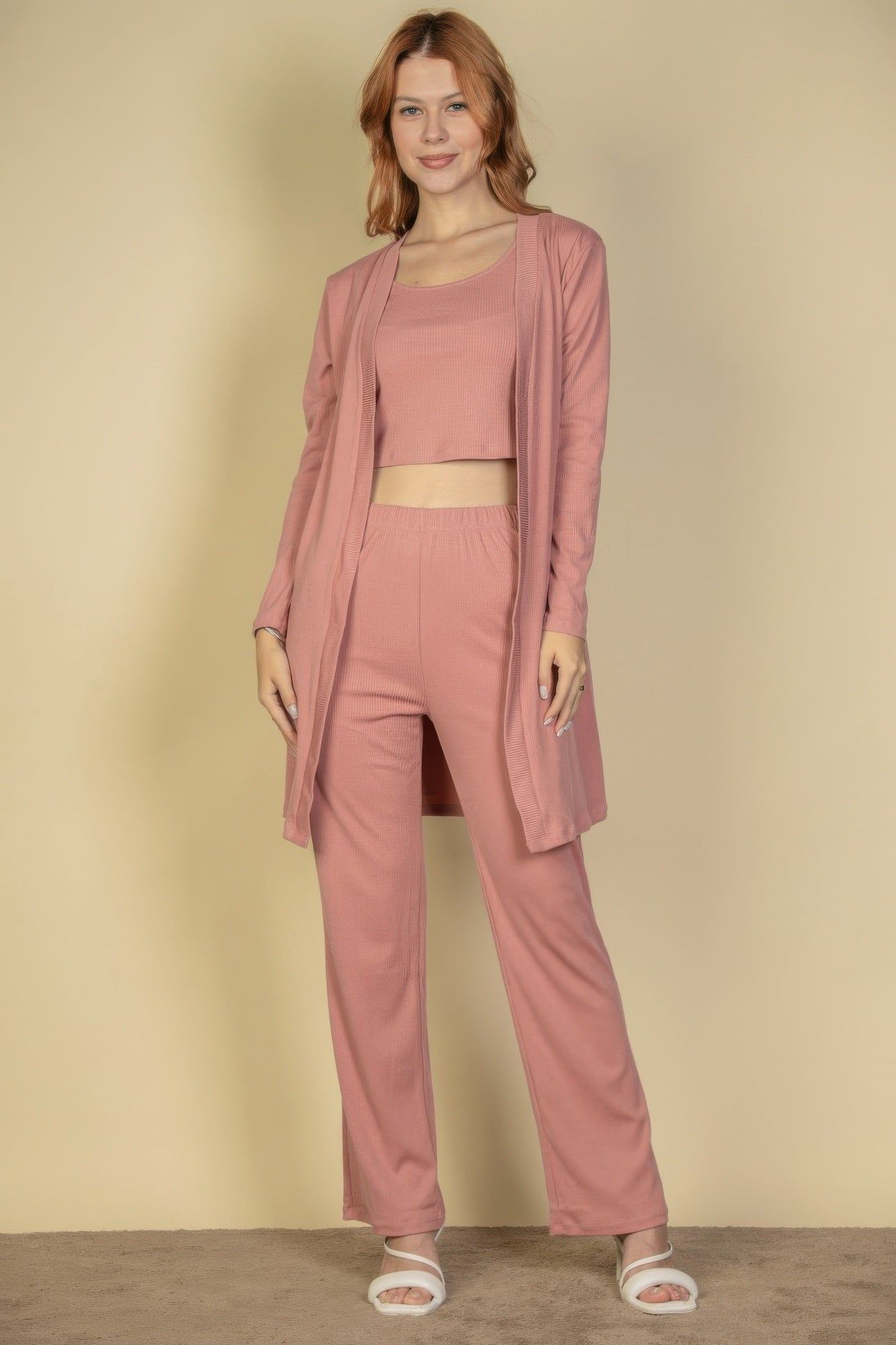 Flat Back Rib 3 Pieces Cami Top With Pants And Long Cardigan Set - Image 8