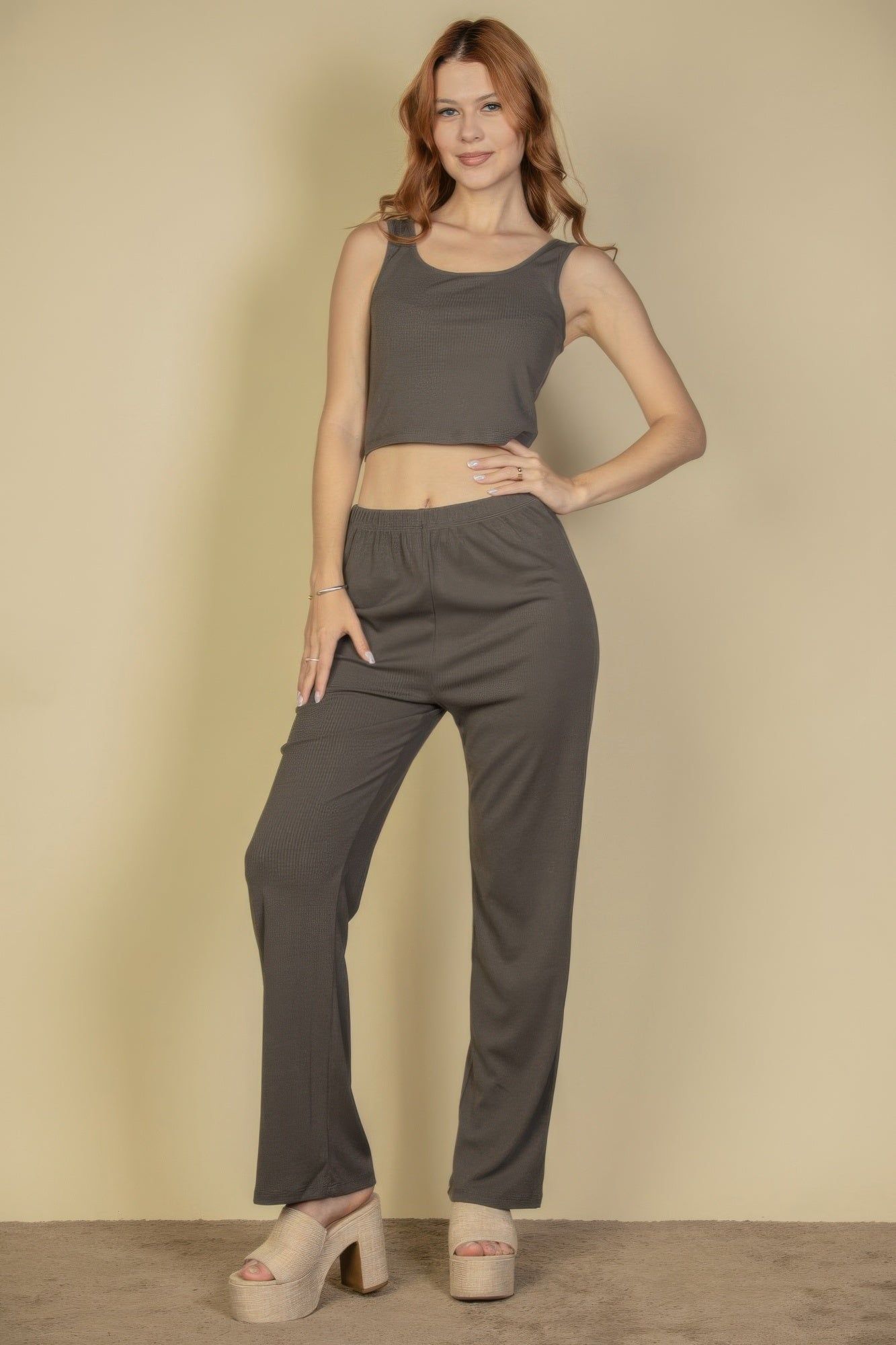 Flat Back Rib 3 Pieces Cami Top With Pants And Long Cardigan Set - Image 3
