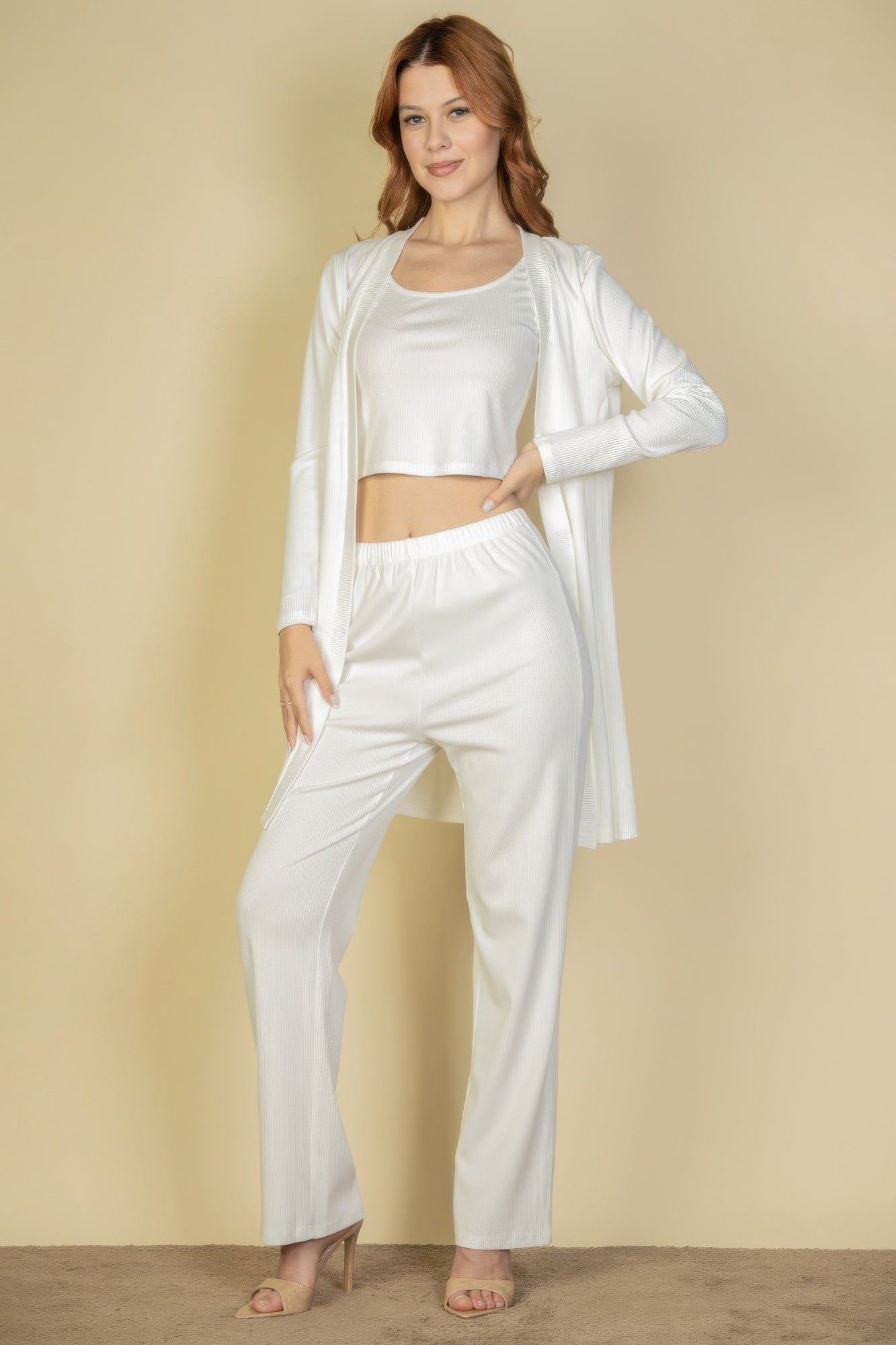 Flat Back Rib 3 Pieces Cami Top With Pants And Long Cardigan Set - Image 4