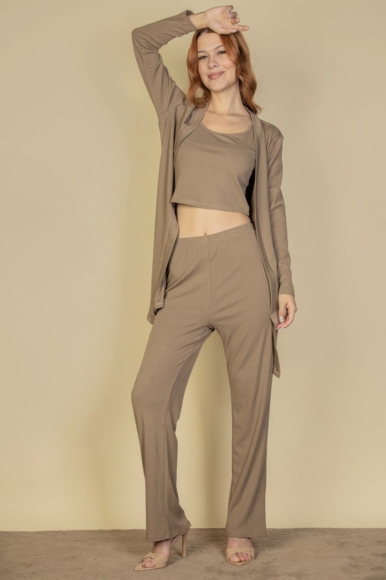 Flat Back Rib 3 Pieces Cami Top With Pants And Long Cardigan Set - Image 7