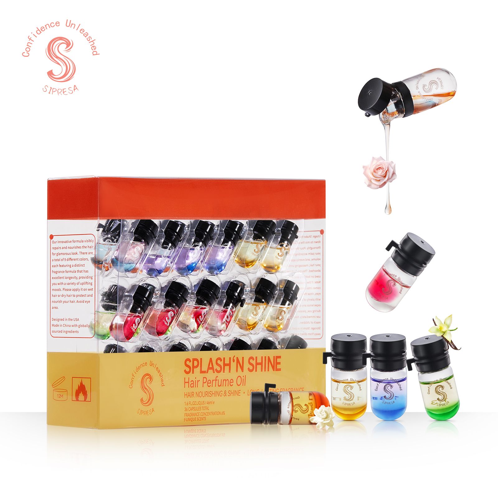 Sipresa Splash'n Shine Hair Perfume Oil 9 Unique Scents in 1 Pack Natural Plant-based Oils 72H Long-Lasting Fragrance 36-PCs Travel Set Haircare