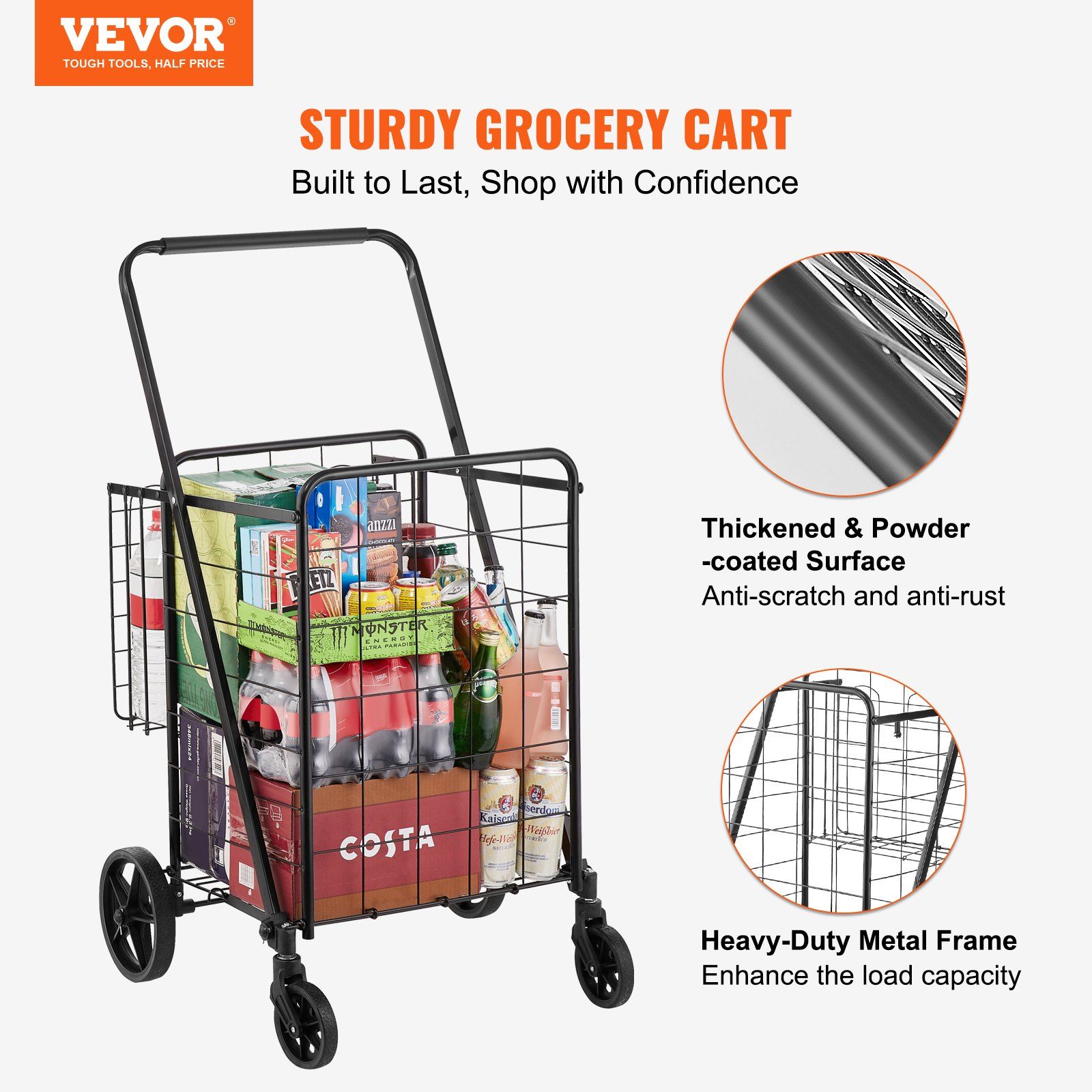 VEVOR Folding Shopping Cart, Jumbo Grocery Cart with Double Baskets, 360° Swivel Wheels, Heavy Duty Utility Cart, 110 LBS Large Capacity Utility Cart for Laundry, Shopping, Grocery, Luggage - Image 2