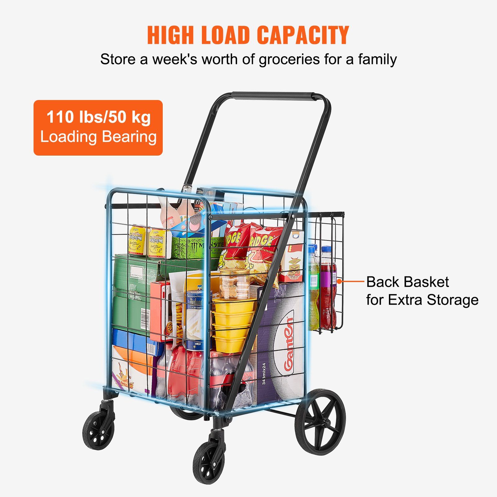 VEVOR Folding Shopping Cart, Jumbo Grocery Cart with Double Baskets, 360° Swivel Wheels, Heavy Duty Utility Cart, 110 LBS Large Capacity Utility Cart for Laundry, Shopping, Grocery, Luggage - Image 3