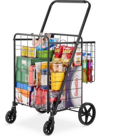 VEVOR Folding Shopping Cart, Jumbo Grocery Cart with Double Baskets, 360° Swivel Wheels, Heavy Duty Utility Cart, 110 LBS Large Capacity Utility Cart for Laundry, Shopping, Grocery, Luggage