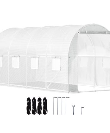 VEVOR Walk-in Tunnel Greenhouse, 15 x 6.5 x 7 ft Portable Plant Hot House w/ Galvanized Steel Hoops, 1 Top Beam, Diagonal Poles, Zippered Door & 8 Roll-up Windows, White