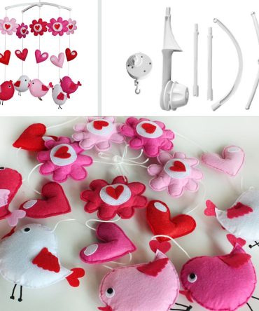 Pink Birds Flowers Hears Handmade Baby Boys Girls Musical Crib Mobile Nursery Mobile Hanging Toy