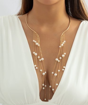 Exaggerate Faux Pearl Tassel Open Choker Necklace Elegant Fine Jewelry For Women Girls Gift