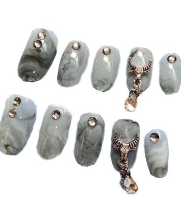 Grey Marble Beads False Fingernails Artificial False Nails Tips Wedding Nail Art Decoration Fake Nails