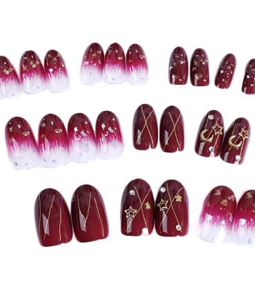 Wine Red False Fingernails Artificial False Nails Tips Wedding Nail Art Decoration; Moon and Star Fake Nails