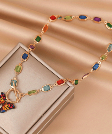 Colorful Square Crystal Butterfly Charm Necklace Retro OT Clasp Chain Jewelry